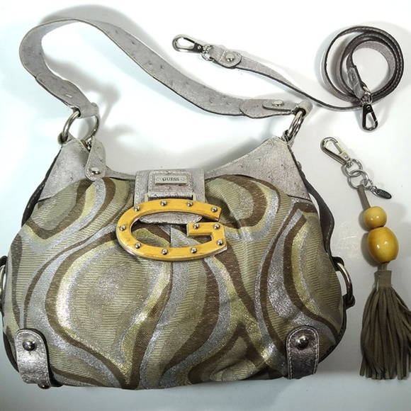 Guess Samba Metallic Satchel Wood Logo Bag Purse - Picture 1 of 8